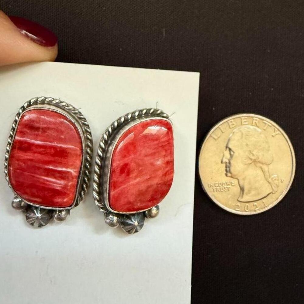 Native handmade sterling silver red spiny post earrings